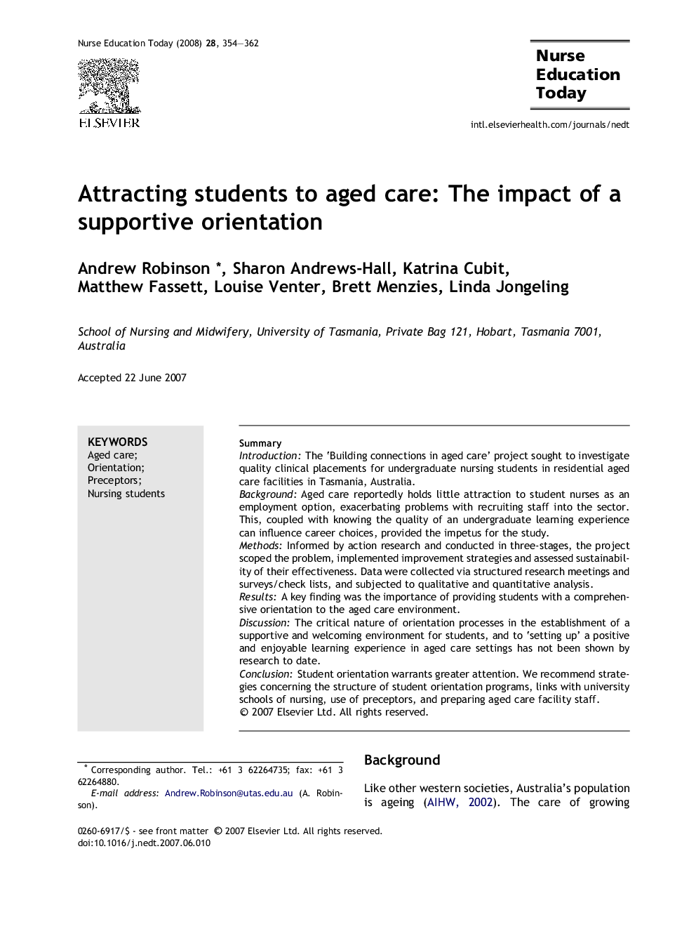 Attracting students to aged care: The impact of a supportive orientation