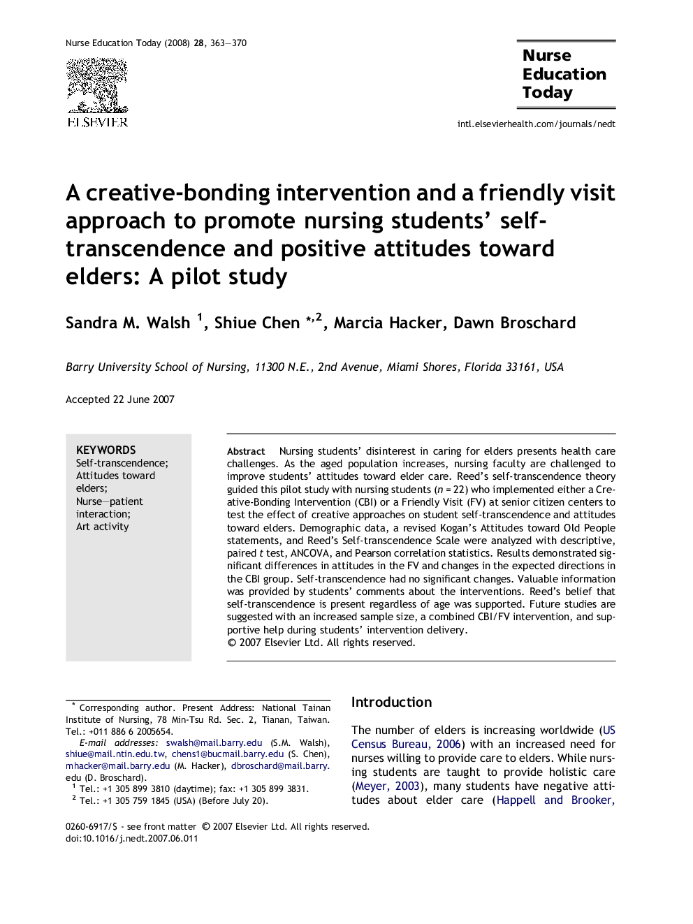 A creative-bonding intervention and a friendly visit approach to promote nursing students’ self-transcendence and positive attitudes toward elders: A pilot study