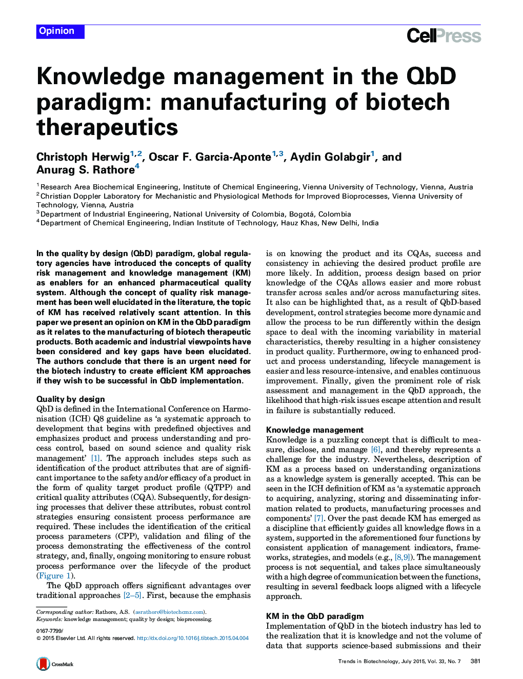 Knowledge management in the QbD paradigm: manufacturing of biotech therapeutics