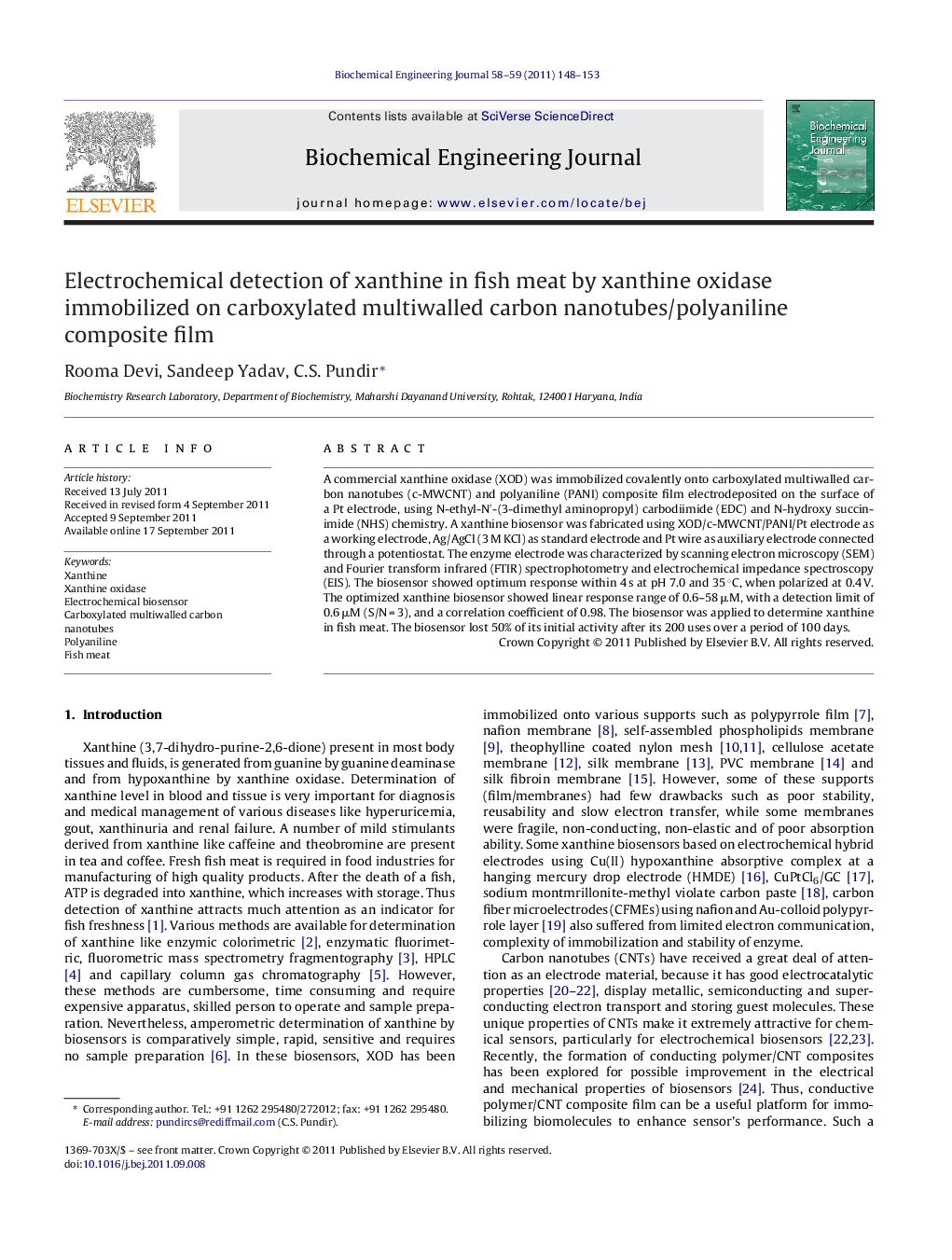 Electrochemical detection of xanthine in fish meat by xanthine oxidase immobilized on carboxylated multiwalled carbon nanotubes/polyaniline composite film