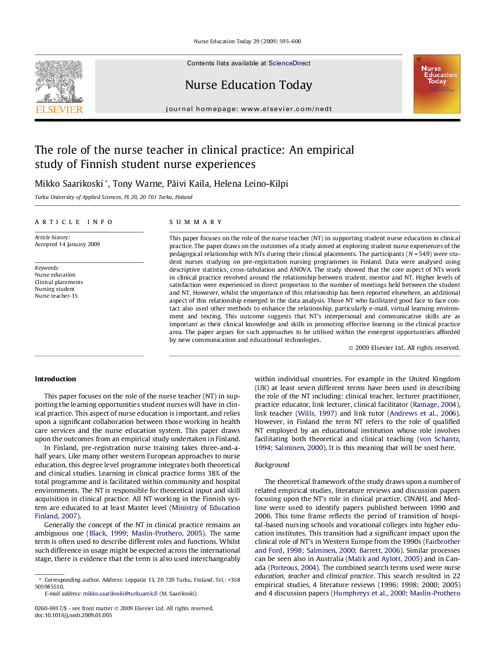 The role of the nurse teacher in clinical practice: An empirical study of Finnish student nurse experiences