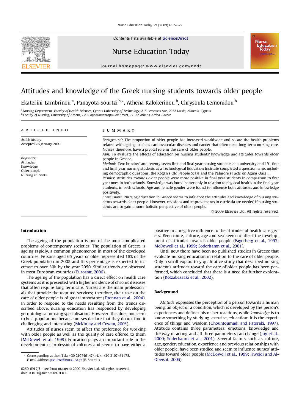 Attitudes and knowledge of the Greek nursing students towards older people