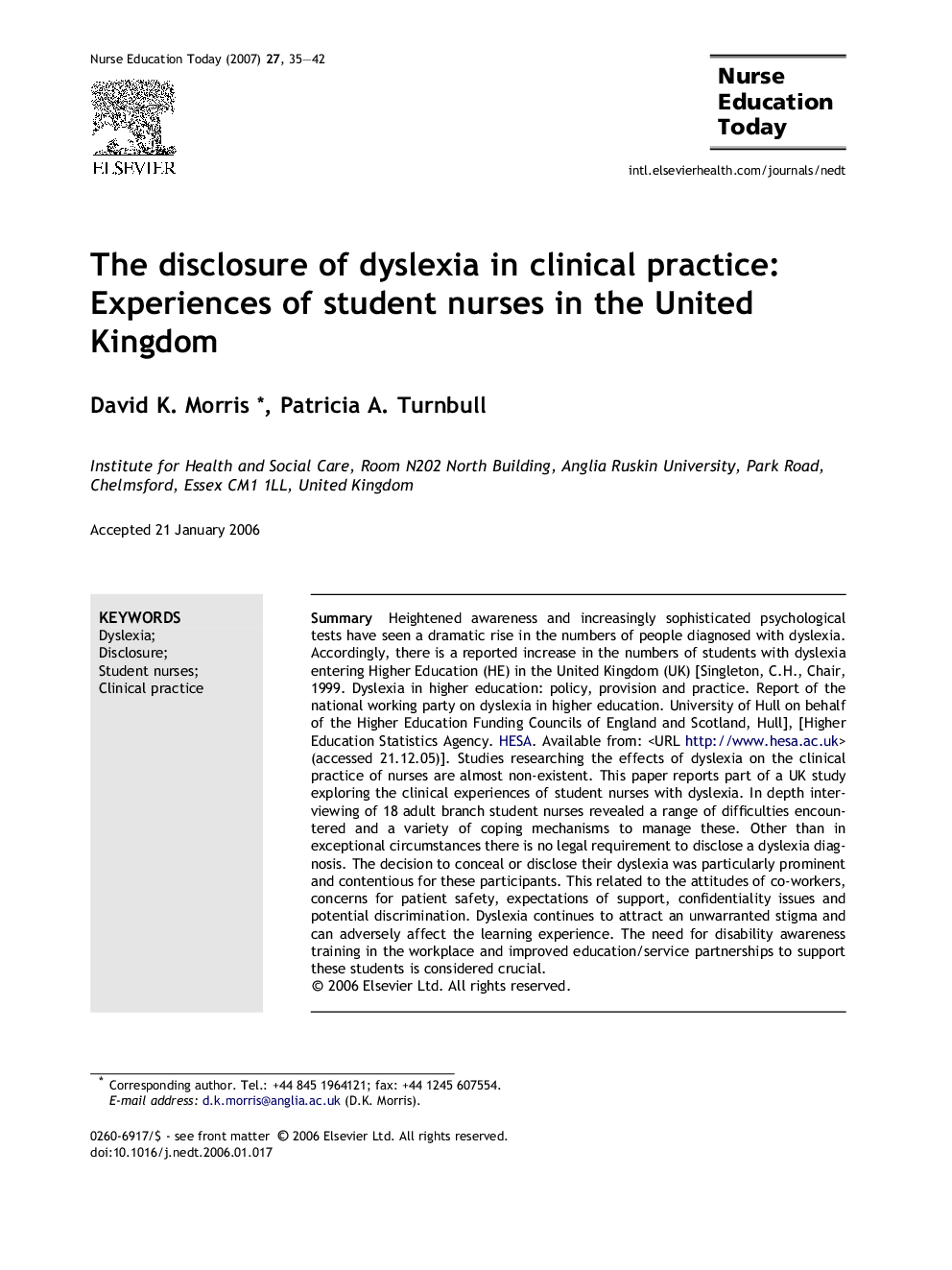 The disclosure of dyslexia in clinical practice: Experiences of student nurses in the United Kingdom