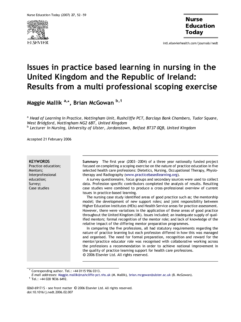 Issues in practice based learning in nursing in the United Kingdom and the Republic of Ireland: Results from a multi professional scoping exercise