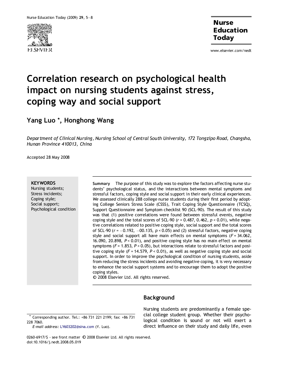 Correlation research on psychological health impact on nursing students against stress, coping way and social support