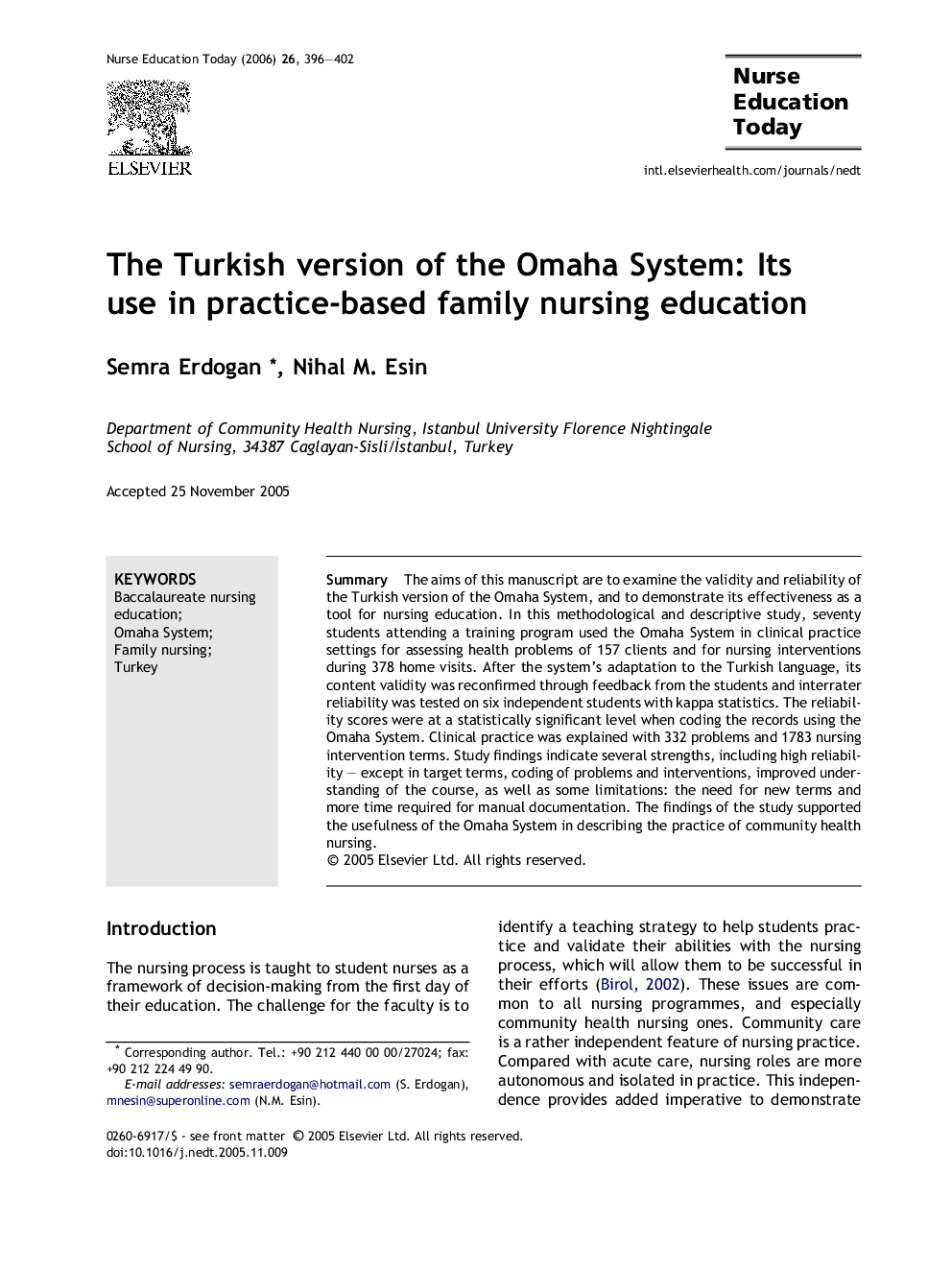 The Turkish version of the Omaha System: Its use in practice-based family nursing education