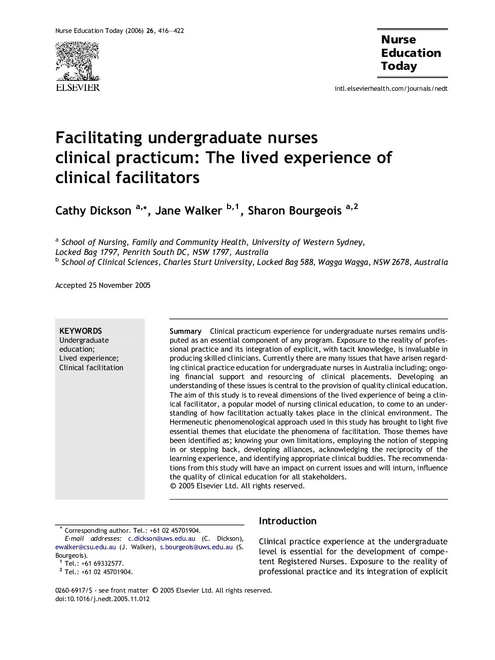 Facilitating undergraduate nurses clinical practicum: The lived experience of clinical facilitators