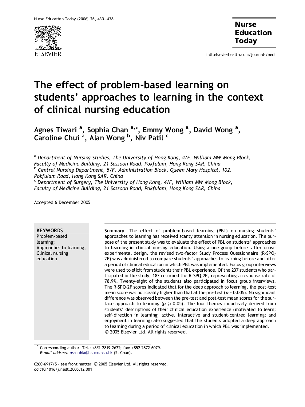 The effect of problem-based learning on students’ approaches to learning in the context of clinical nursing education