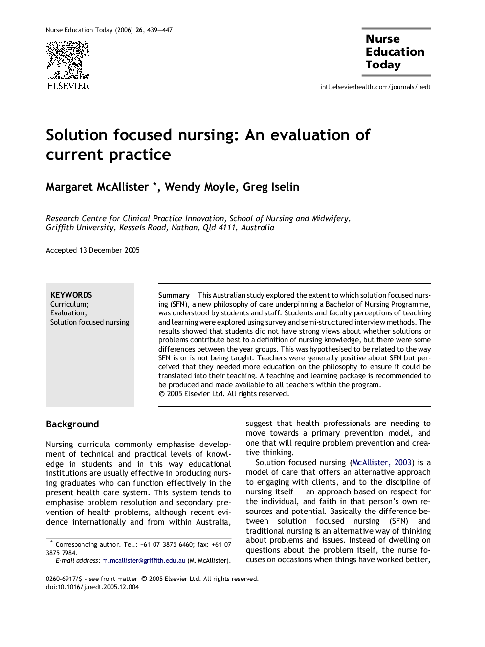 Solution focused nursing: An evaluation of current practice