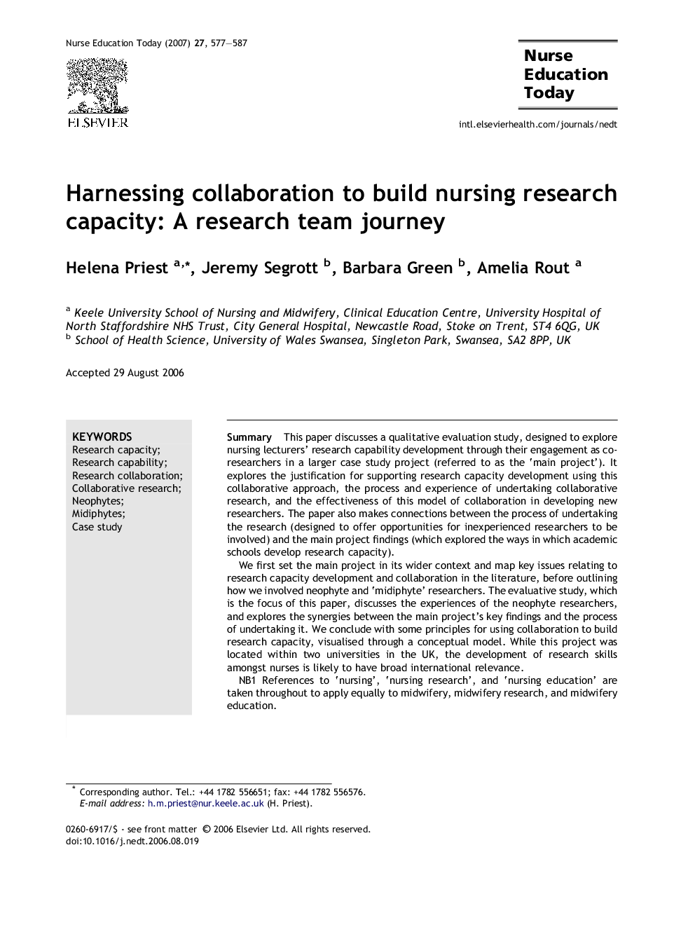 Harnessing collaboration to build nursing research capacity: A research team journey