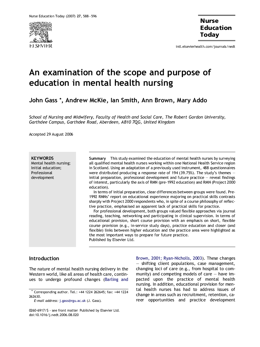 An examination of the scope and purpose of education in mental health nursing