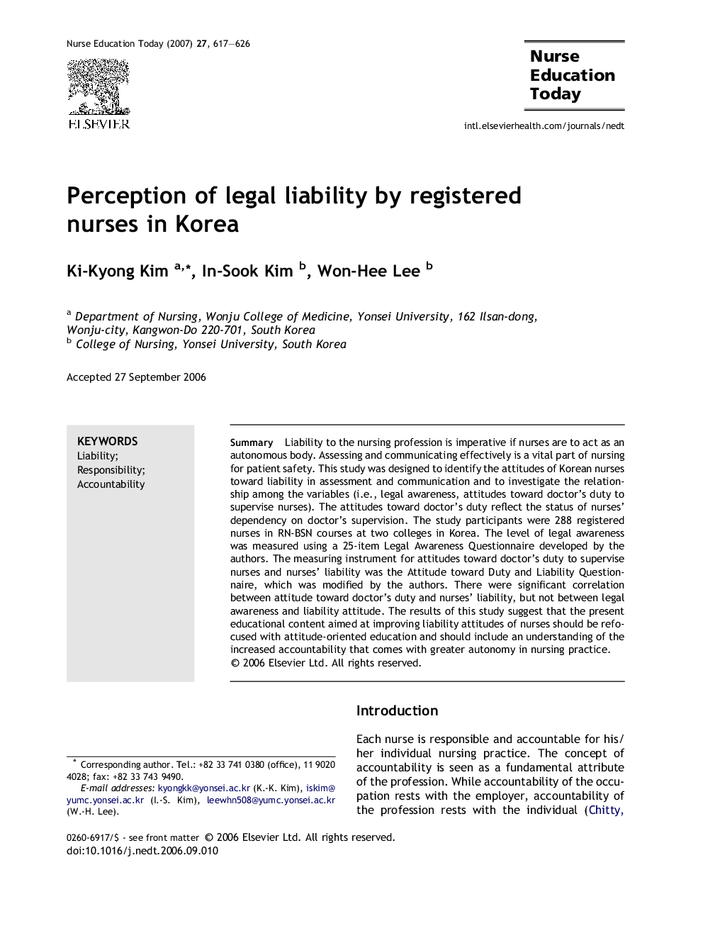 Perception of legal liability by registered nurses in Korea