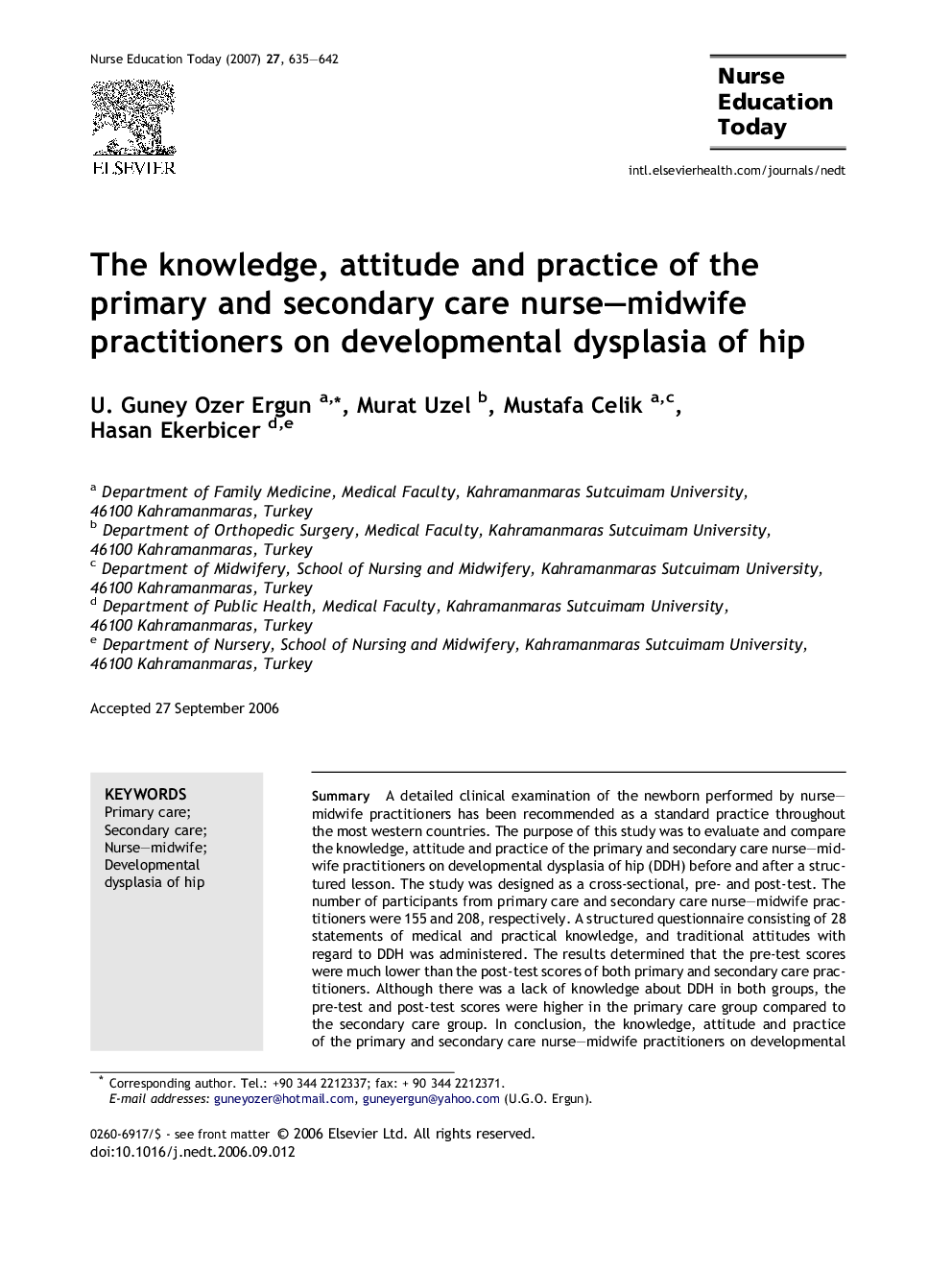 The knowledge, attitude and practice of the primary and secondary care nurse–midwife practitioners on developmental dysplasia of hip