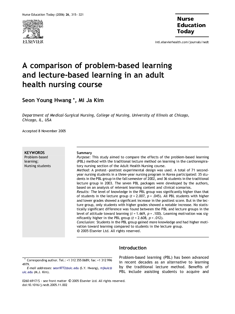 A comparison of problem-based learning and lecture-based learning in an adult health nursing course