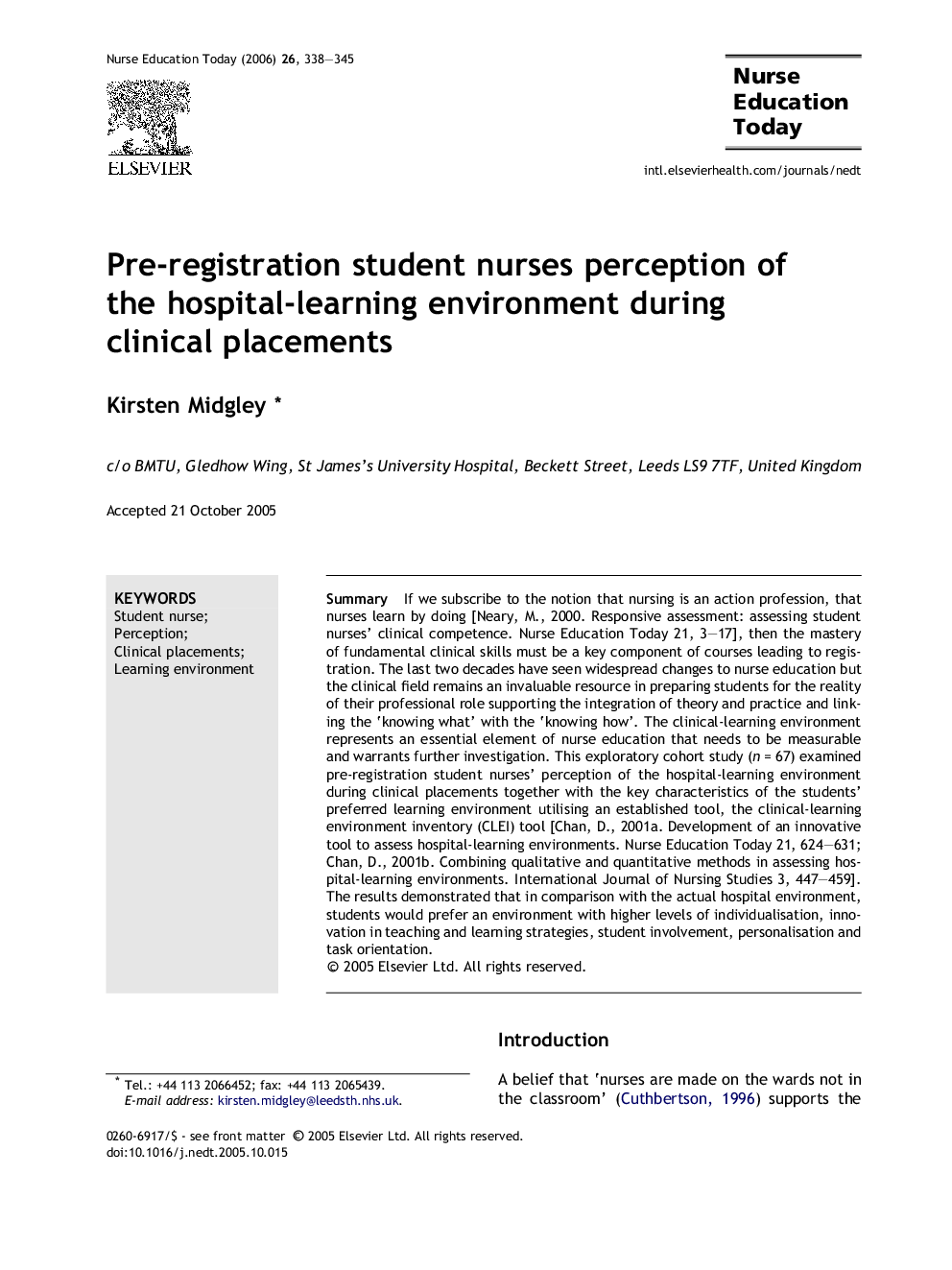 Pre-registration student nurses perception of the hospital-learning environment during clinical placements