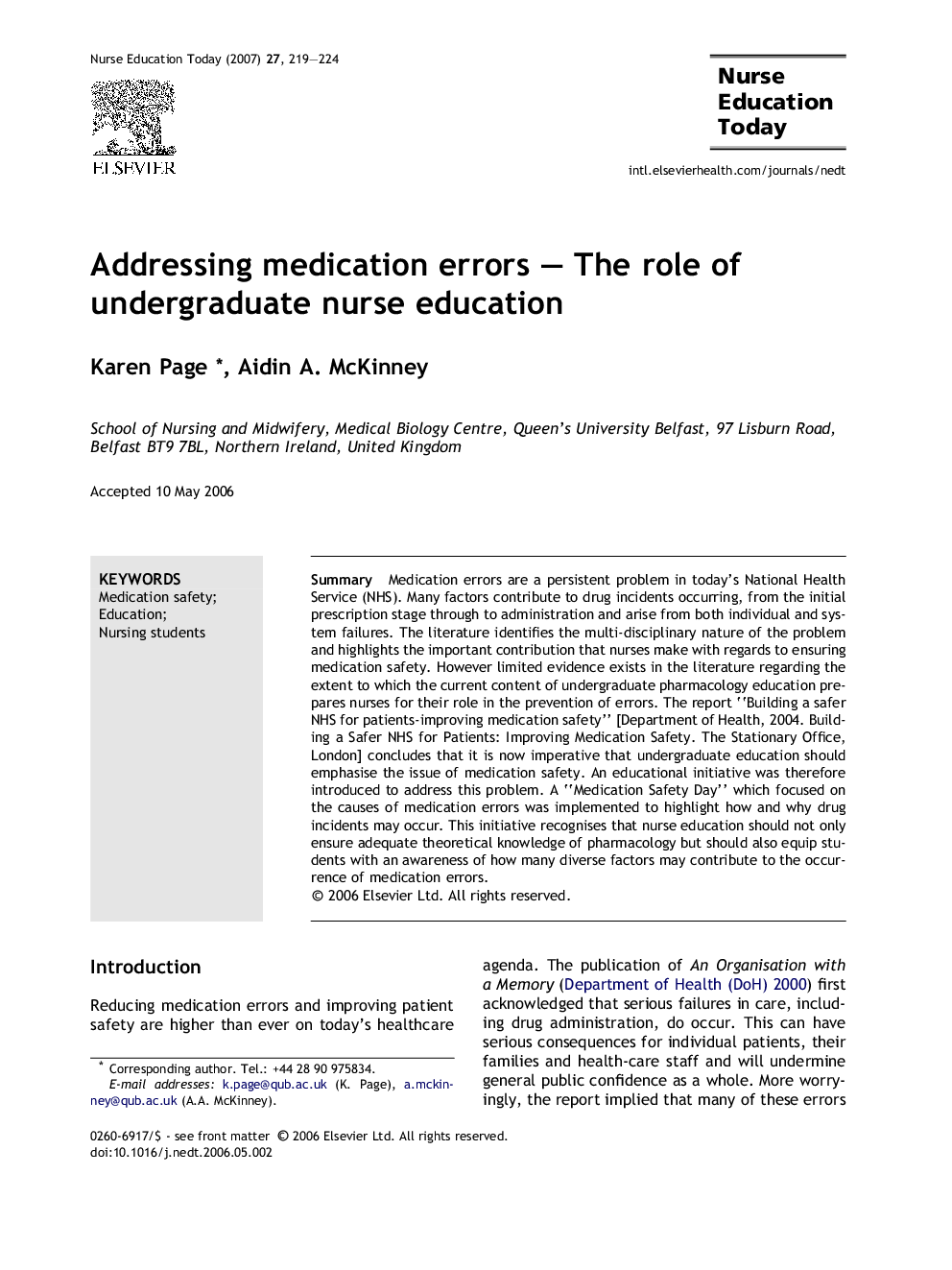 Addressing medication errors – The role of undergraduate nurse education