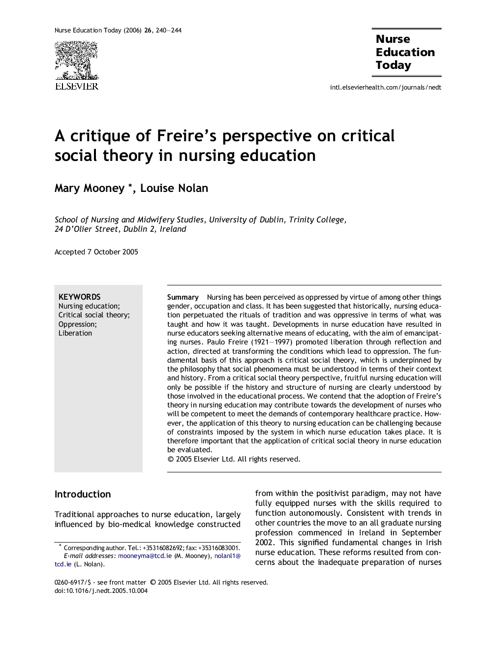 A critique of Freire’s perspective on critical social theory in nursing education