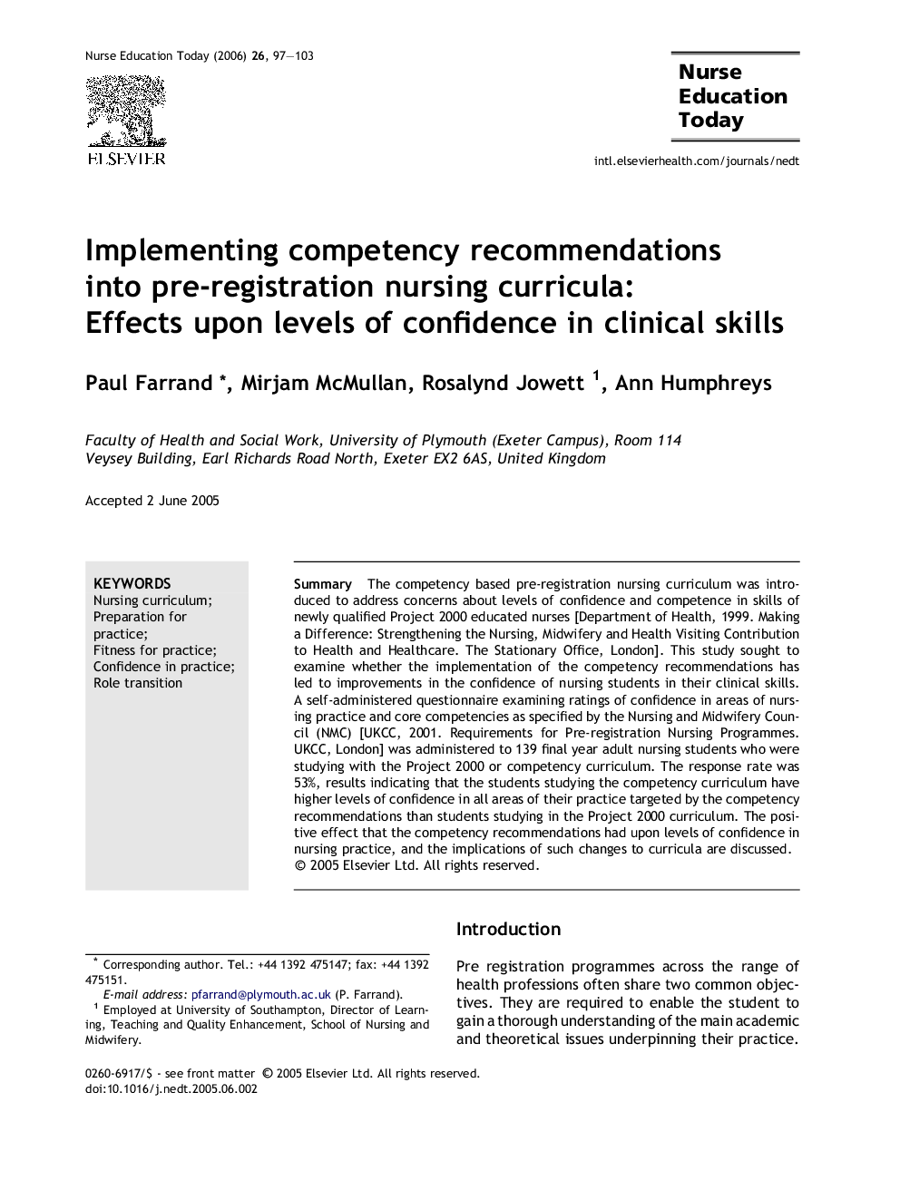 Implementing competency recommendations into pre-registration nursing curricula: Effects upon levels of confidence in clinical skills