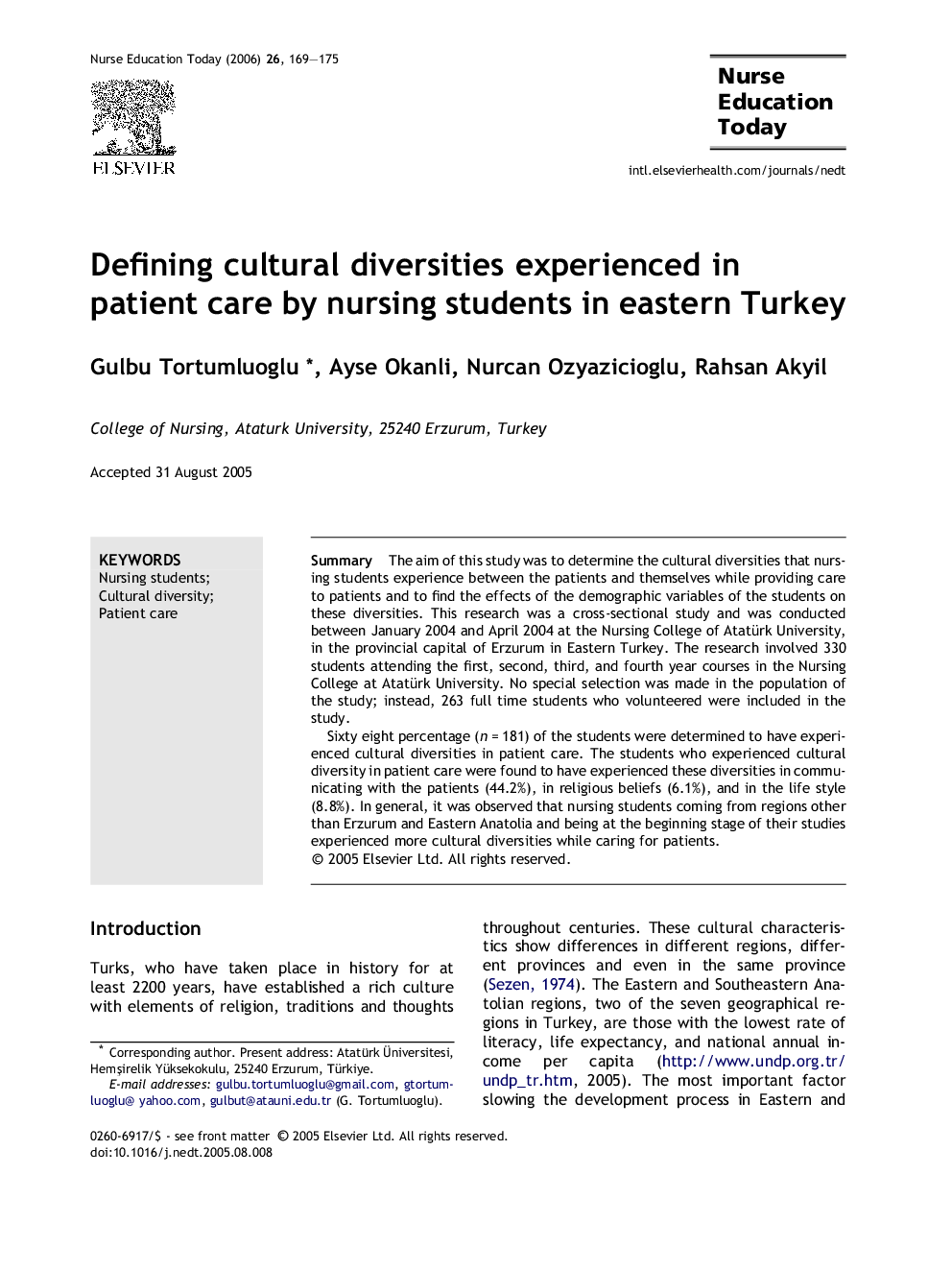 Defining cultural diversities experienced in patient care by nursing students in eastern Turkey