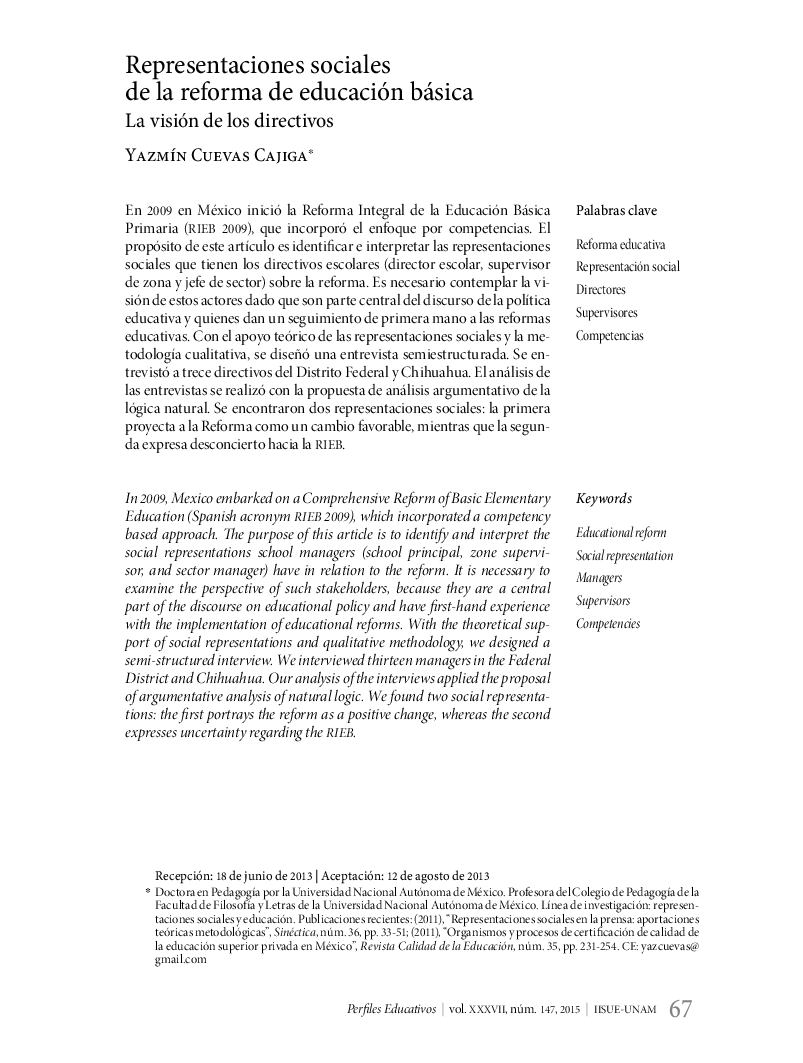 Representaciones sociales de la reforma de educación básica La visión de los directivos