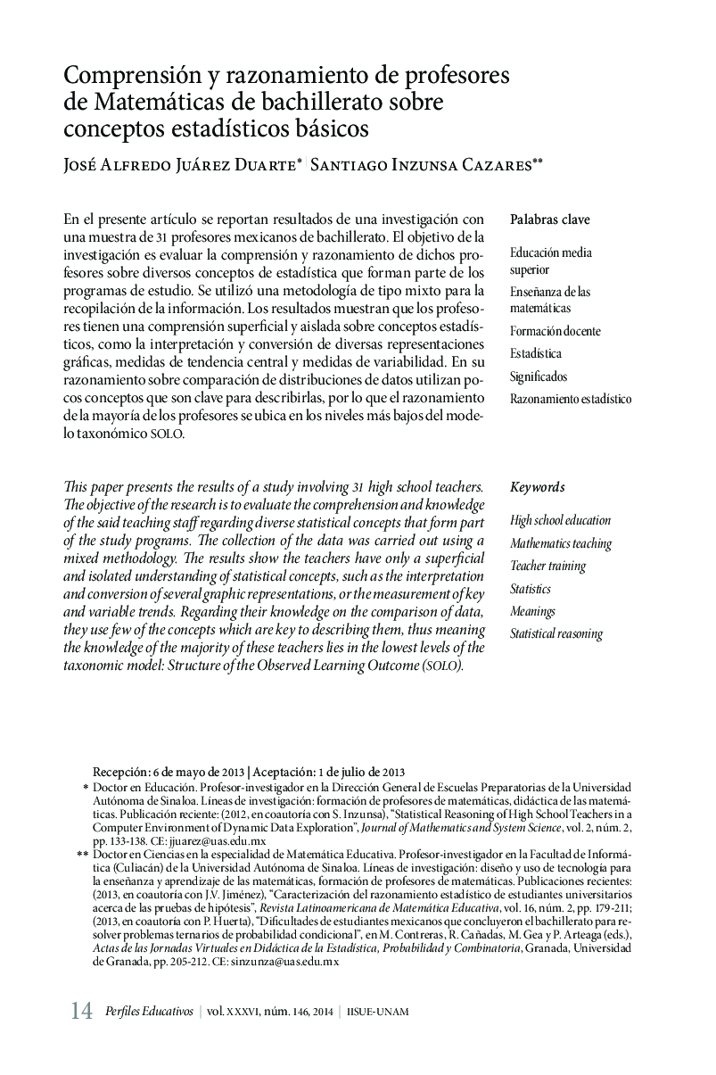 Comprensión y razonamiento de profesores de Matemáticas de bachillerato sobre conceptos estadísticos básicos