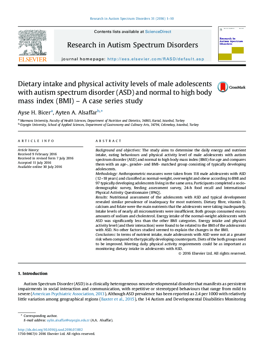 Dietary intake and physical activity levels of male adolescents with autism spectrum disorder (ASD) and normal to high body mass index (BMI) – A case series study
