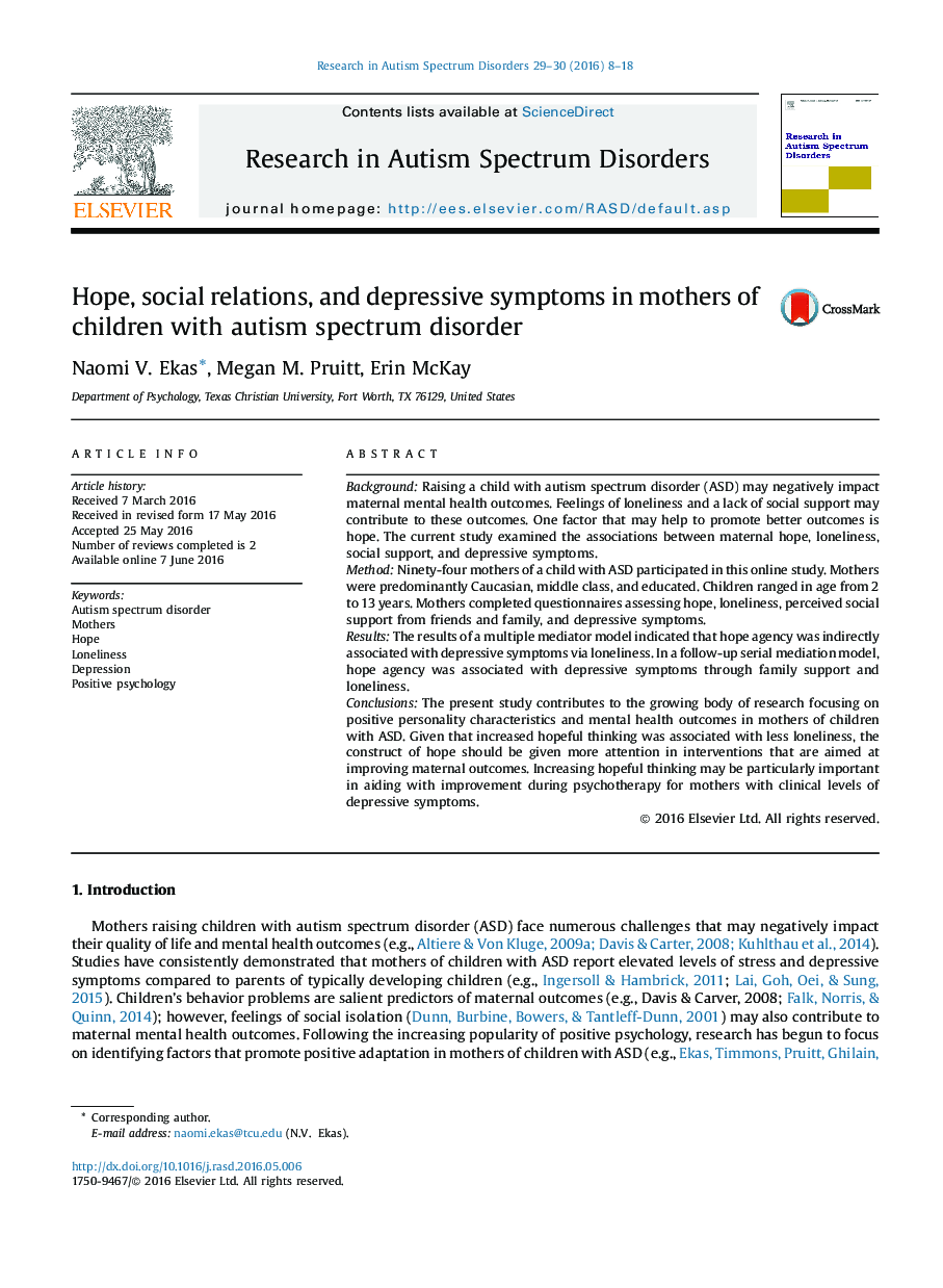 امید، روابط اجتماعی و نشانه های افسردگی در مادران کودکان مبتلا به اختلال طیف اوتیسم