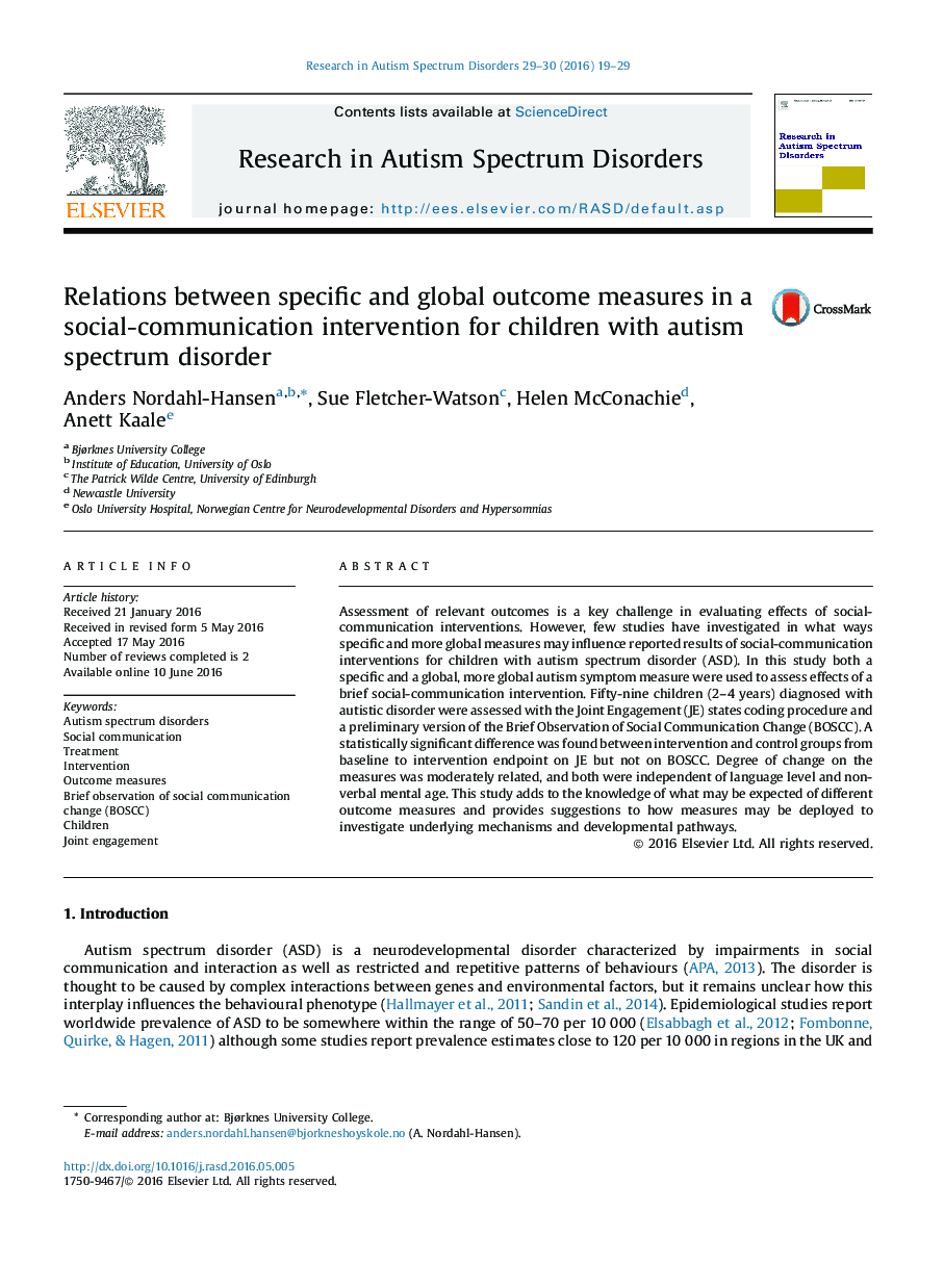 روابط بین اقدامات نتیجه خاص و جهانی در یک مداخله اجتماعی-ارتباطی برای کودکان مبتلا به اختلال طیف اوتیسم