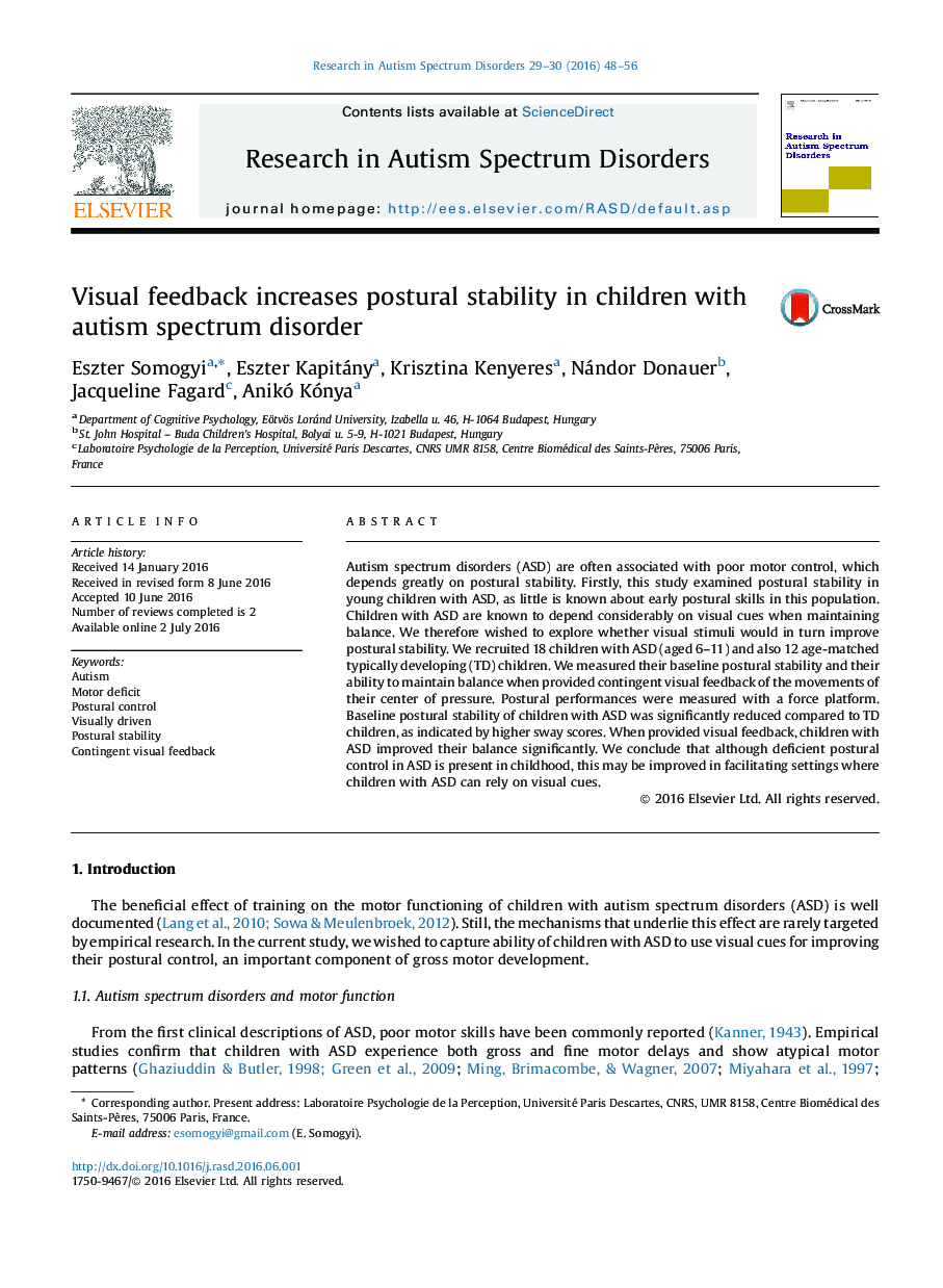 Visual feedback increases postural stability in children with autism spectrum disorder