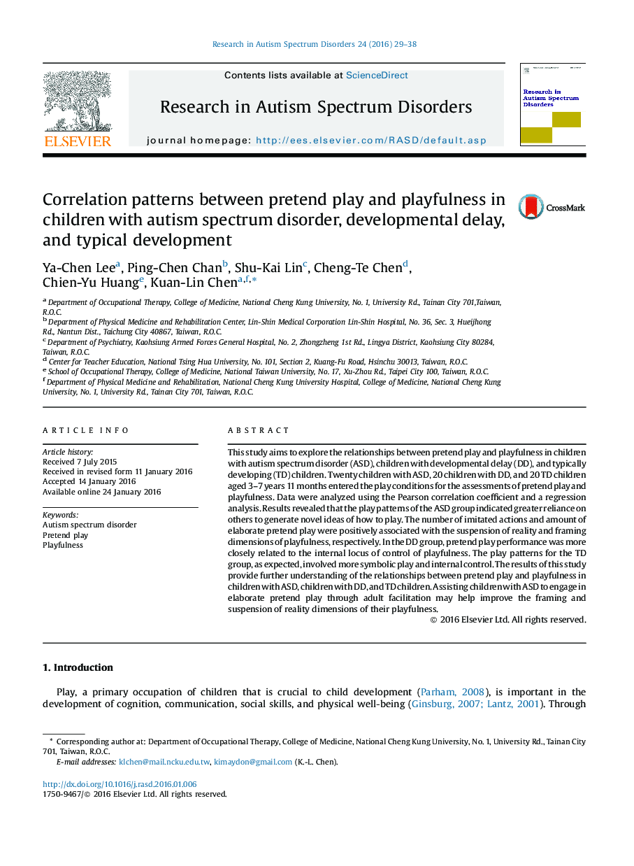 Correlation patterns between pretend play and playfulness in children with autism spectrum disorder, developmental delay, and typical development