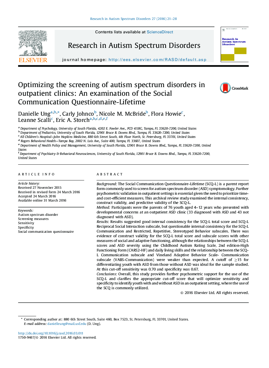 Optimizing the screening of autism spectrum disorders in outpatient clinics: An examination of the Social Communication Questionnaire-Lifetime