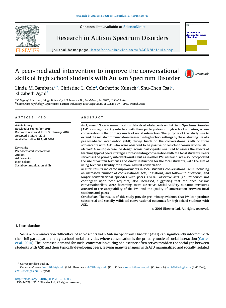 A peer-mediated intervention to improve the conversational skills of high school students with Autism Spectrum Disorder