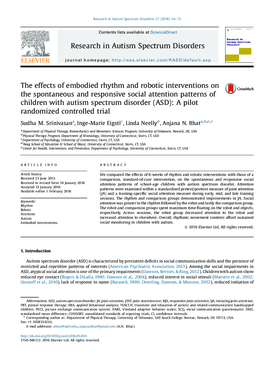 اثرات ریتم تجسم و مداخلات رباتیک در الگوهای توجه اجتماعی خودجوش و پاسخگو از کودکان مبتلا به اختلال طیف اوتیسم (ASD): خلبان کارآزمایی تصادفی کنترل شده