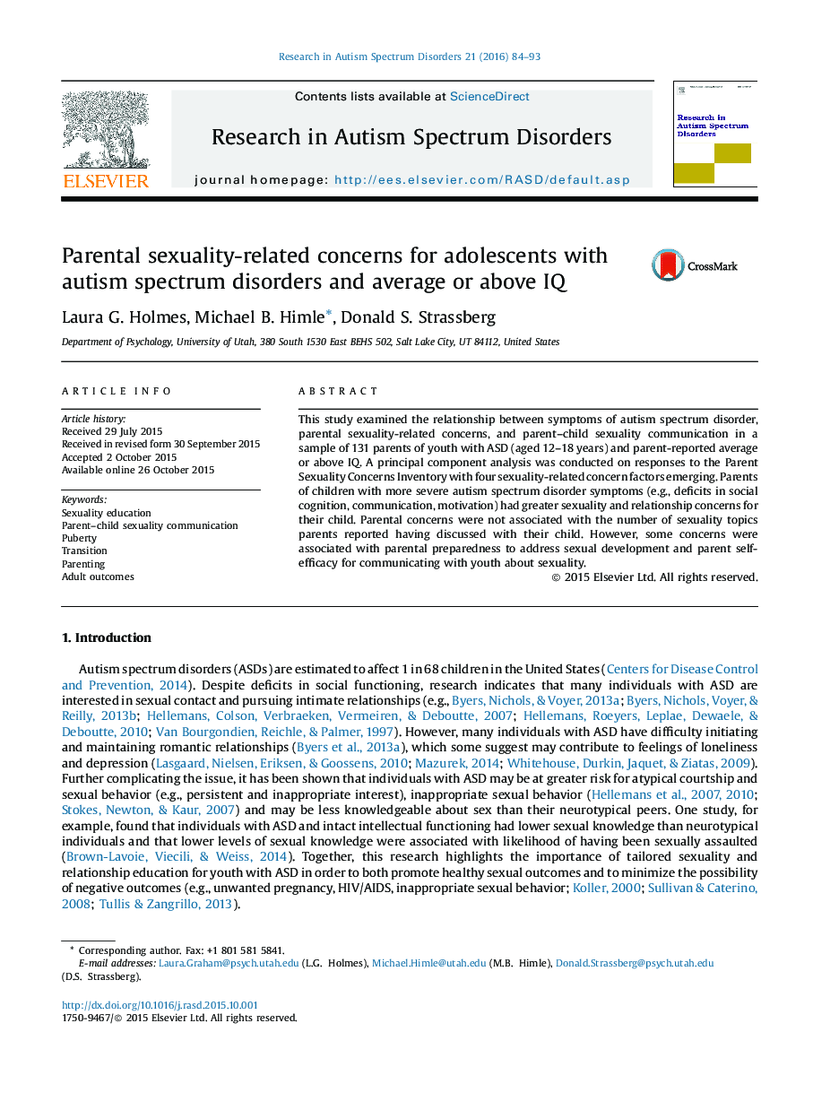 Parental sexuality-related concerns for adolescents with autism spectrum disorders and average or above IQ