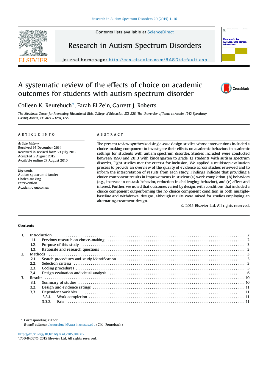 A systematic review of the effects of choice on academic outcomes for students with autism spectrum disorder