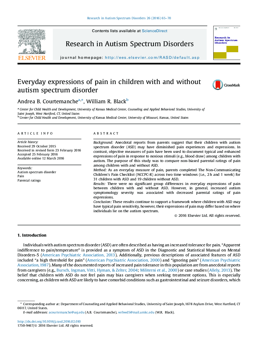 Everyday expressions of pain in children with and without autism spectrum disorder