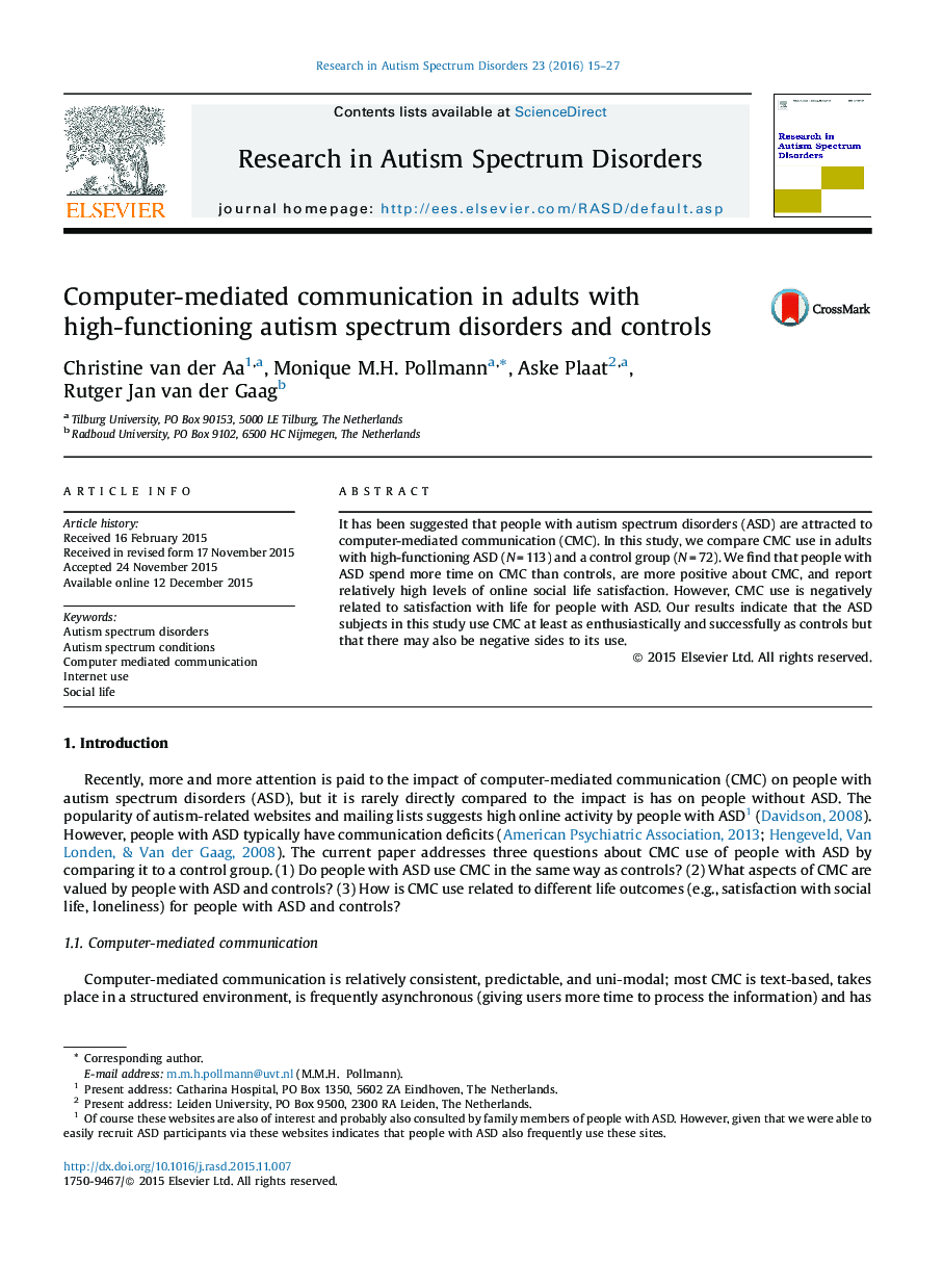 Computer-mediated communication in adults with high-functioning autism spectrum disorders and controls