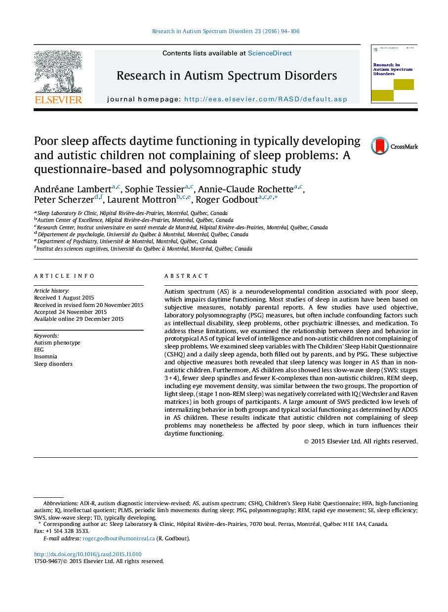 Poor sleep affects daytime functioning in typically developing and autistic children not complaining of sleep problems: A questionnaire-based and polysomnographic study