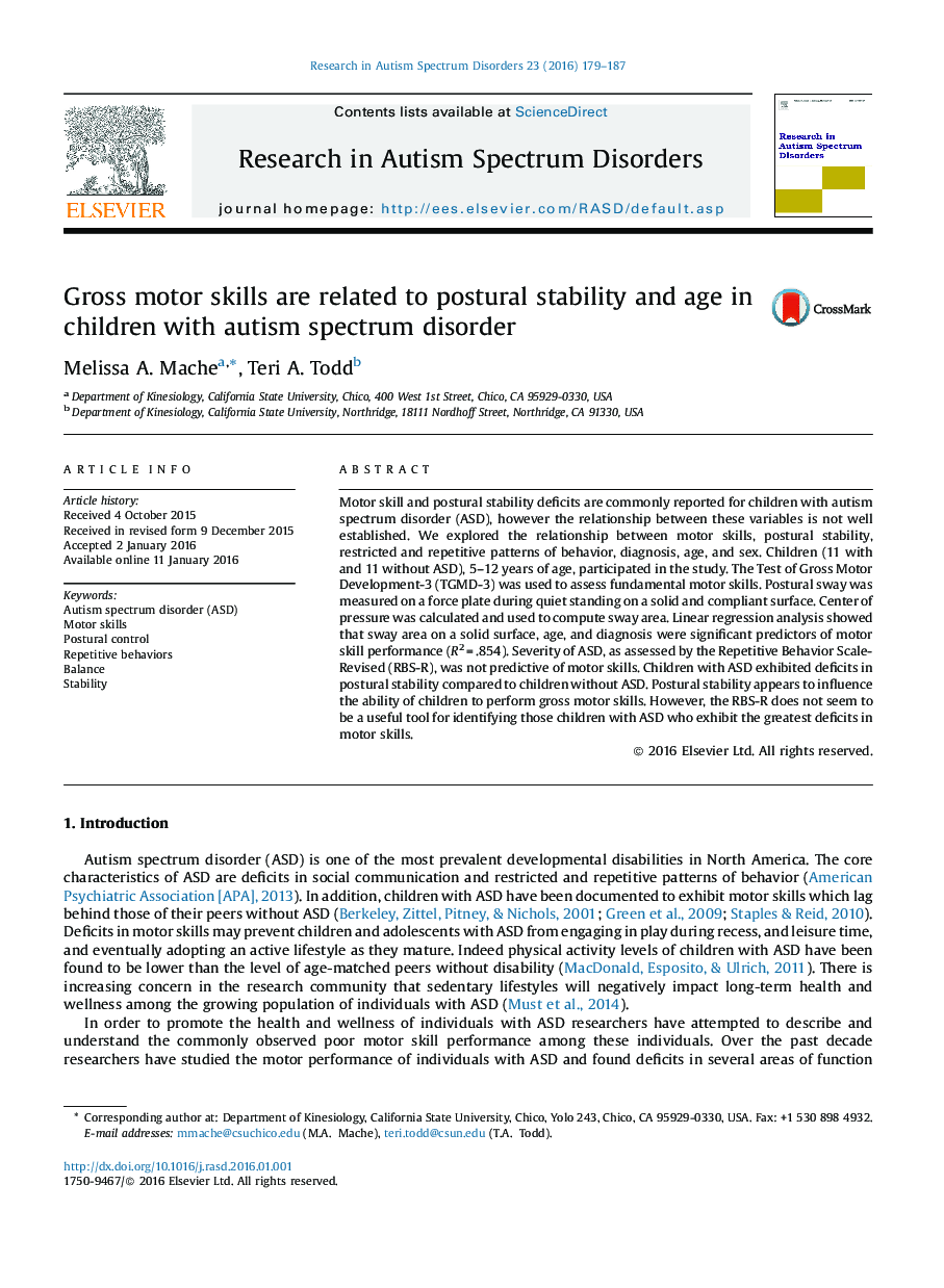 Gross motor skills are related to postural stability and age in children with autism spectrum disorder