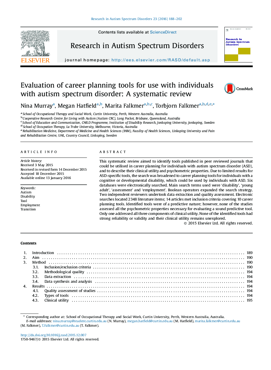 بررسی ابزار برنامه ریزی شغلی برای استفاده افراد مبتلا به اختلال طیف اوتیسم: بررسی سیستماتیک