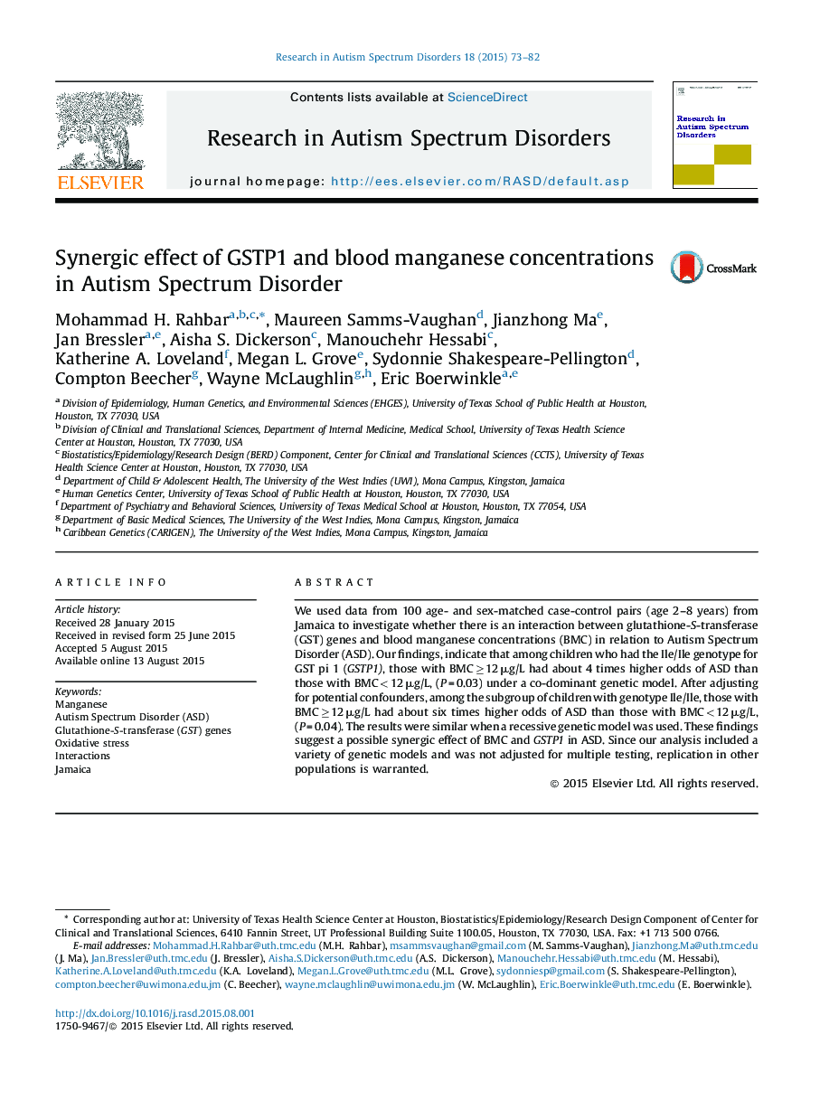 Synergic effect of GSTP1 and blood manganese concentrations in Autism Spectrum Disorder