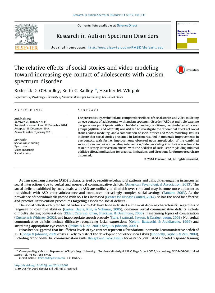 The relative effects of social stories and video modeling toward increasing eye contact of adolescents with autism spectrum disorder
