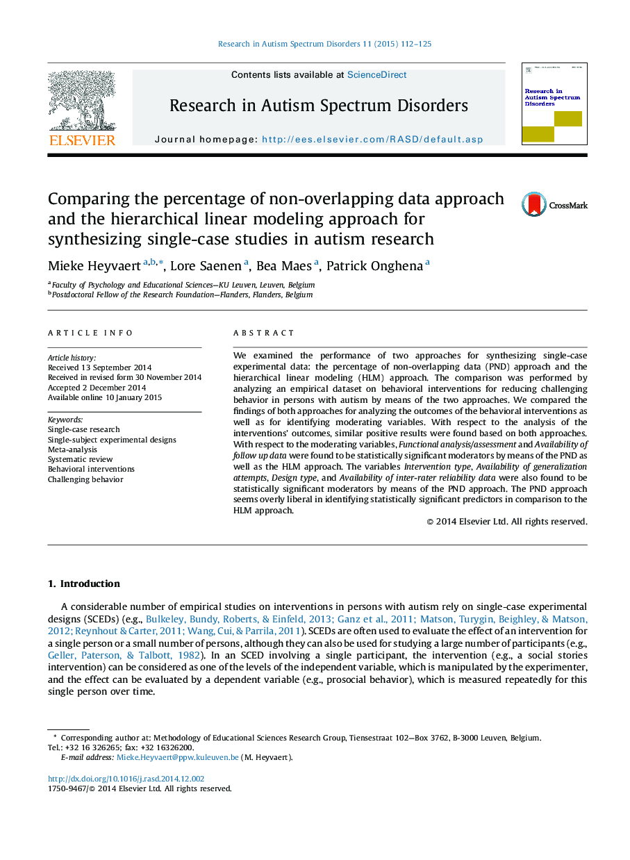 Comparing the percentage of non-overlapping data approach and the hierarchical linear modeling approach for synthesizing single-case studies in autism research