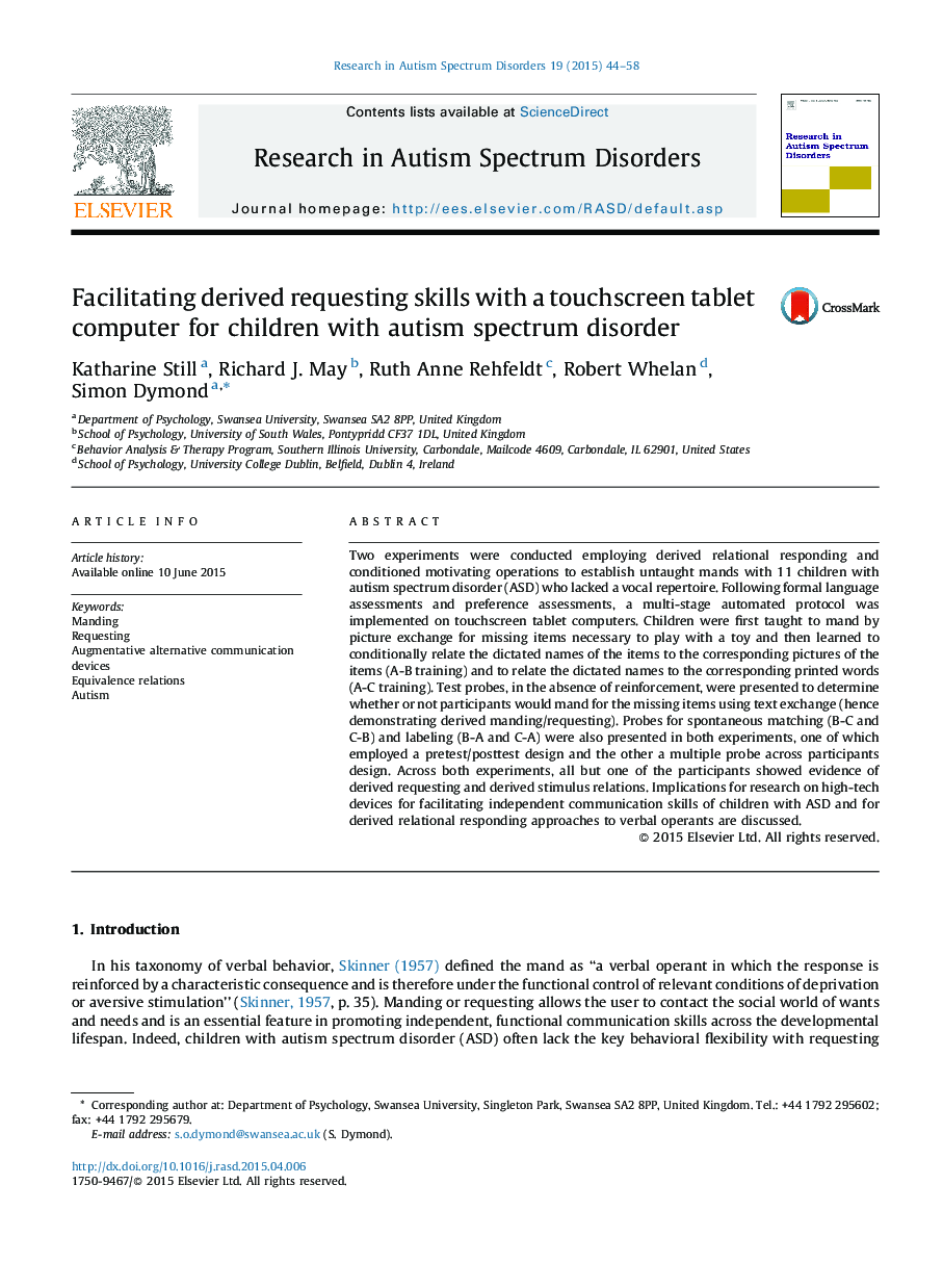 Facilitating derived requesting skills with a touchscreen tablet computer for children with autism spectrum disorder