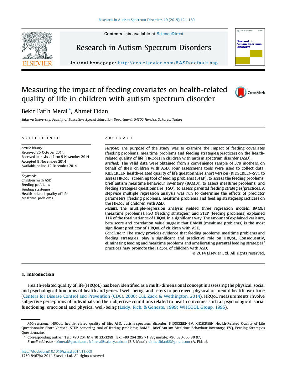 Measuring the impact of feeding covariates on health-related quality of life in children with autism spectrum disorder
