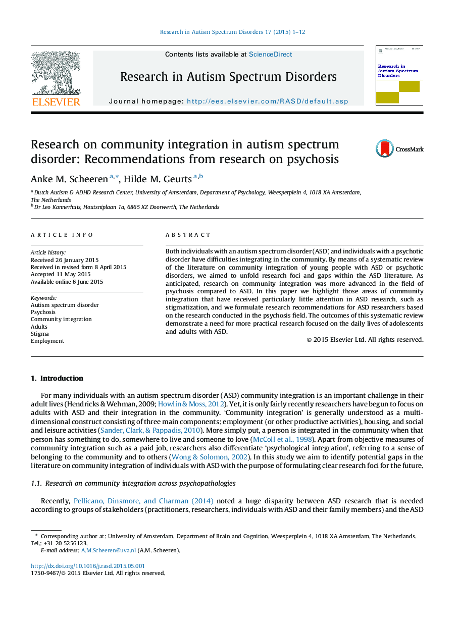 Research on community integration in autism spectrum disorder: Recommendations from research on psychosis