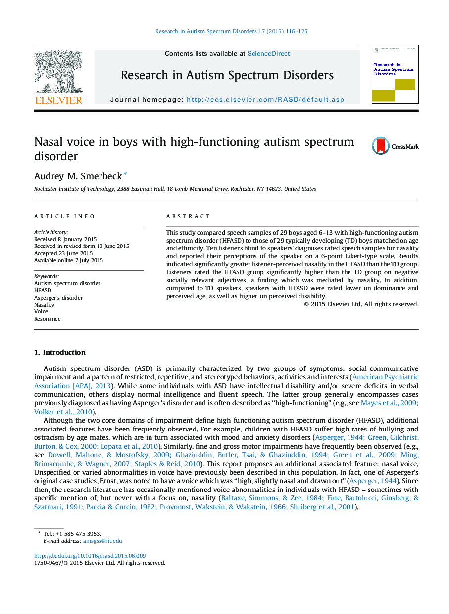 Nasal voice in boys with high-functioning autism spectrum disorder