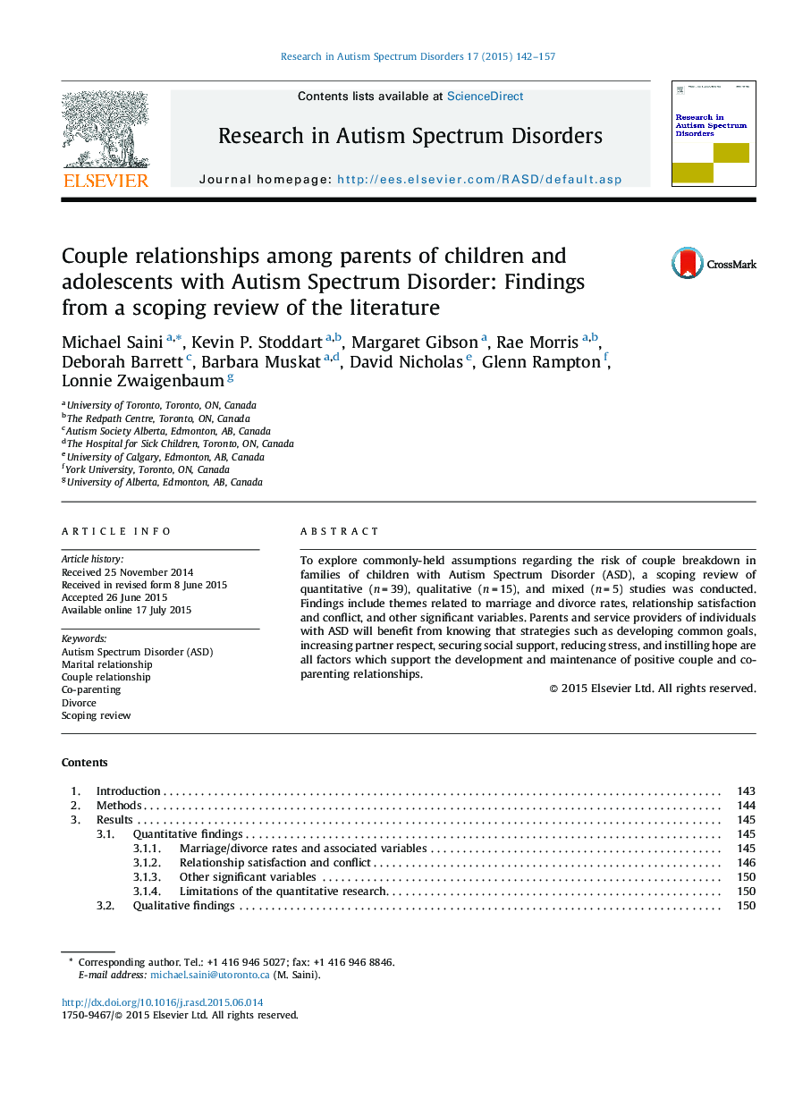 Couple relationships among parents of children and adolescents with Autism Spectrum Disorder: Findings from a scoping review of the literature