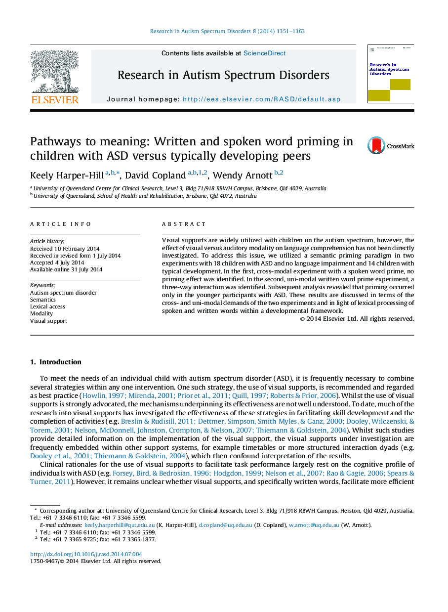 Pathways to meaning: Written and spoken word priming in children with ASD versus typically developing peers