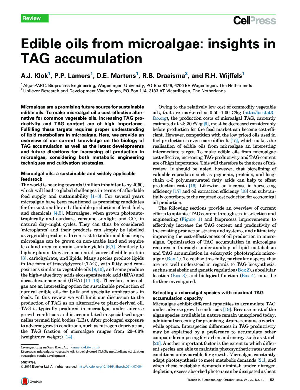 Edible oils from microalgae: insights in TAG accumulation